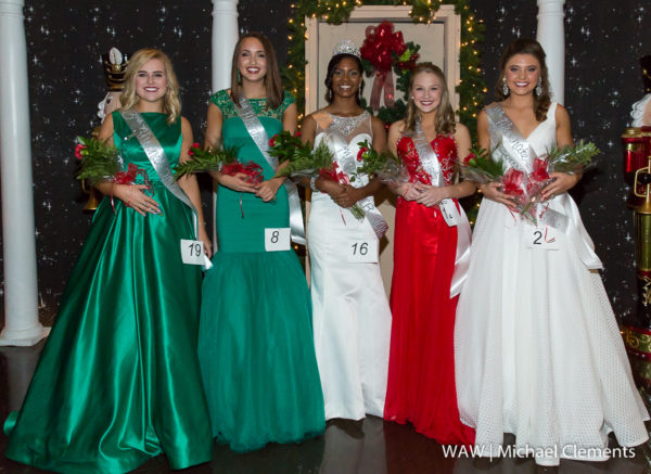 10-1-16 -- Demopolis, Ala. -- JaKeira Shardell Washington (center) was named Miss Christmas on the River 2016 at the Demopolis Civic Center on Saturday evening. Members of Washington's court are (l-r) third alternate Sidney Alyn Atkins, first alternate Sue Ellen Marie Broussard, Washington, second alternate Hannah Lee Howell and fourth alternate and Miss Congeniality Sally Katherine Mackey.