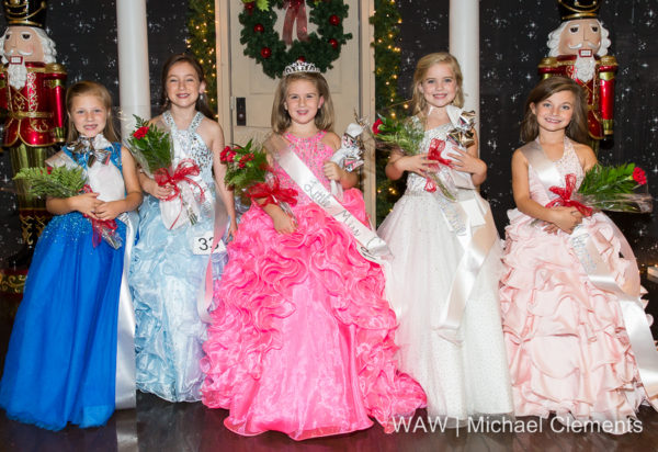 10-5-16 -- Demopolis, Ala. -- Camdyn Grace Morgan (center) was crowned Little Miss Christmas on the River tonight at the Demopolis Civic Center. Members of her court are (l-r) fourth alternate Claire Elisabeth Hasty, second alternate Liliana Maria Magaña, Miss Morgan, first alternate Susanna Gray Bell and third alternate Emma Rae Claire Dahl.