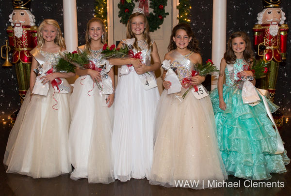 10-4-16 -- Demopolis, Ala. -- Anne Marie Lawler (center) was crowned Young Miss Christmas on the River 2016 tonight at the Demopolis Civic Center. Members of her court are (l-r) fourth alternate Adalyn Broox Lindsey, second alternate Sarah Michael Overmyer, Miss Lawler, first alternate Millie Grace Hill and third alternate Elleigh Reid Dossett.