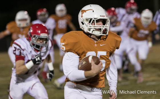 11-11-2016 -- Linden, Ala. -- Marengo Academy's Weldon Aydelott races for his first touchdown of the night against the Abbeville Christian Generals. The Longhorns won the game 42-17.