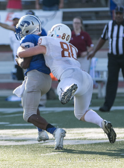 11-18-16 -- Troy, Ala. -- Marengo Academy's Landon Houlditch (80) sacks Chambers Academy's Malik Lyons on the Longhorns' final defensive play of their state championship victory over the Chambers Academy Rebels.