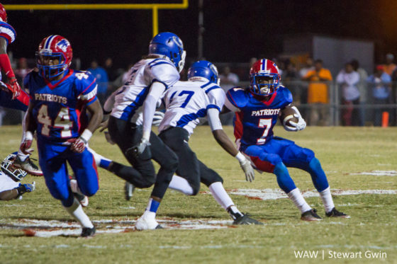 11-18-16 -- Linden, Ala. -- Linden's Dequan Charleston (7) looks to get past a Georgiana defender in Friday night's game in Linden. Linden won by a final score of 52-12. (WAW | Stewart Gwin)