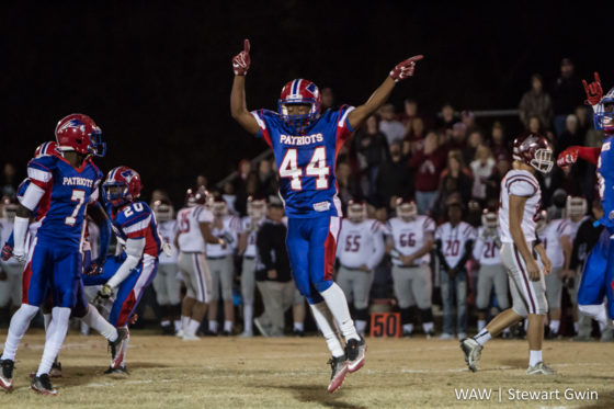 11-25-16 -- Linden, Ala. -- Linden's Deauris Jones (44) celebrates after the Patriots recovered a pooch kick to open Friday night's game in Linden. Linden fell to Maplesville by a final score of 36-14. (WAW | Stewart Gwin)